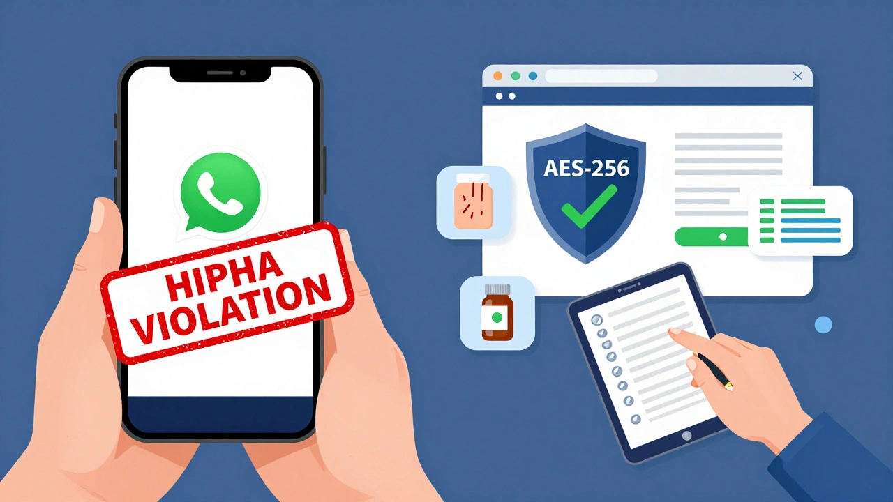 Side-by-side comparison: unsafe texting vs. encrypted secure messaging for medication questions.