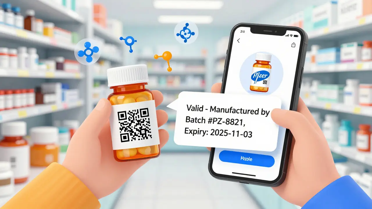 Smartphone scanning a pill bottle's QR code, displaying authentic drug details with secure database confirmation.