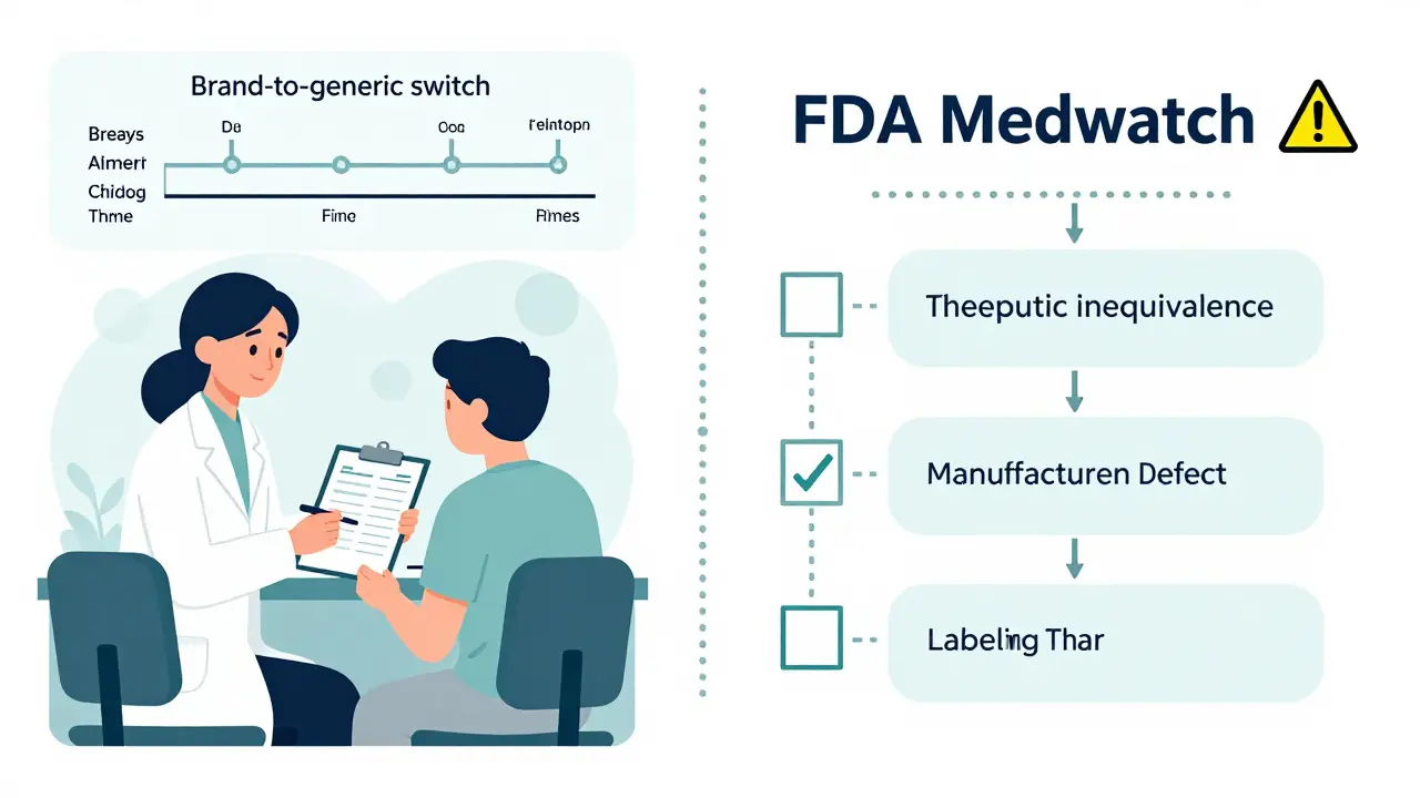 Split illustration showing generic drug switch timeline and FDA reporting steps with warning icons.