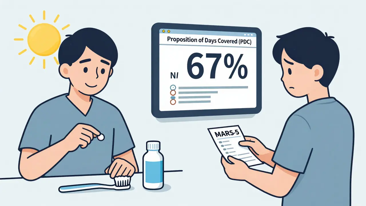 Split scene showing consistent pill-taking vs. low pharmacy refill rate with adherence metrics.