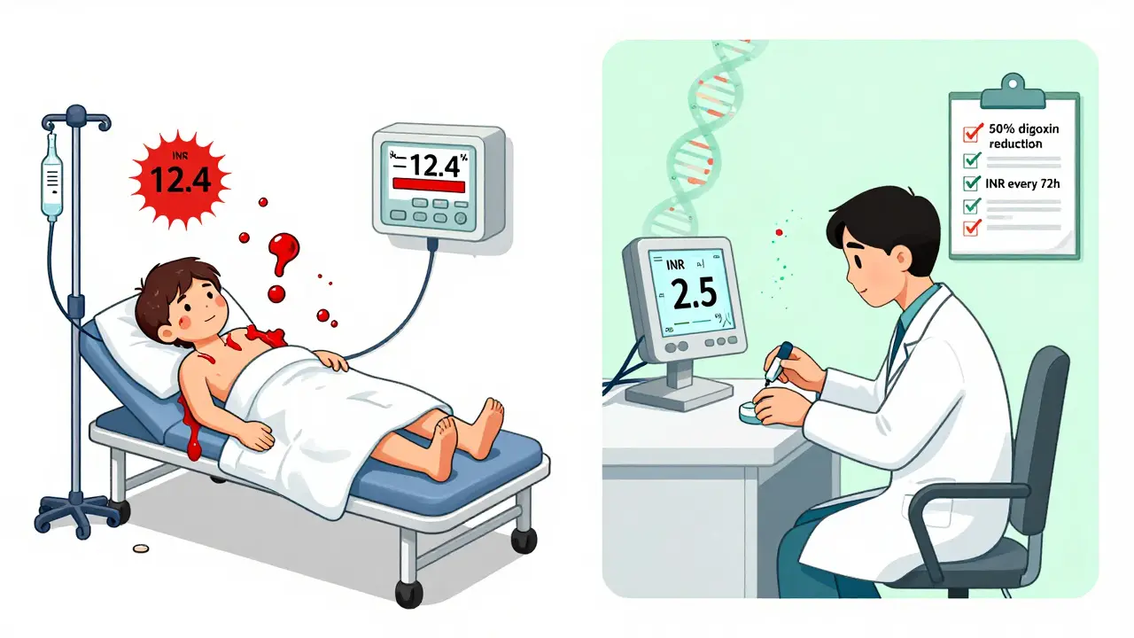 Split-screen comparison of dangerous drug interaction vs. safe clinical management protocol.