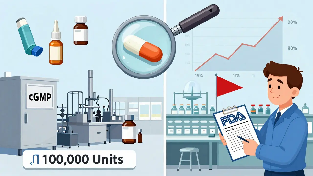Split-screen comparison of U.S. and foreign generic drug manufacturing under cGMP standards.