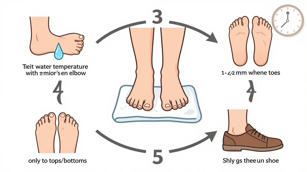 Step-by-step visual checklist for daily diabetic foot care, showing washing, drying, trimming, and shoe inspection.