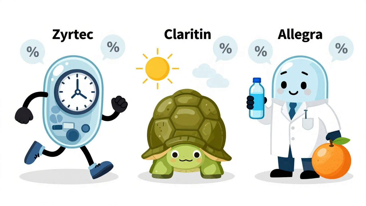 Three cartoon antihistamine pills with personalities, comparing onset speed and drowsiness risk.