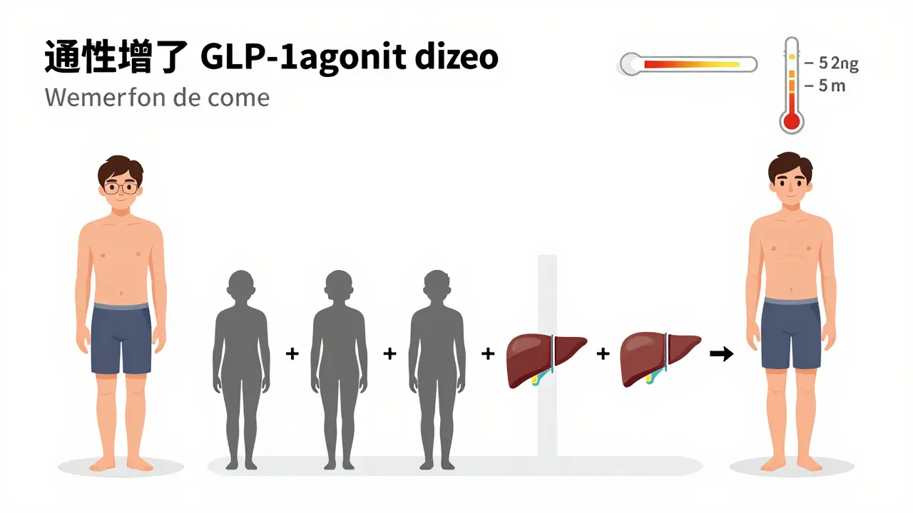 Timeline illustration of a patient's body improving over time with GLP-1 therapy, showing reduced side effects and metabolic benefits.