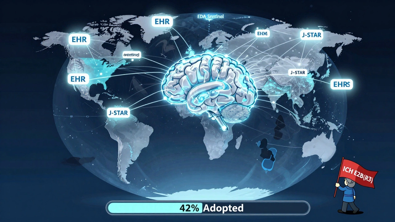 Transparent Earth with glowing health data networks and gaps in low-income regions, shown in technical illustration style.