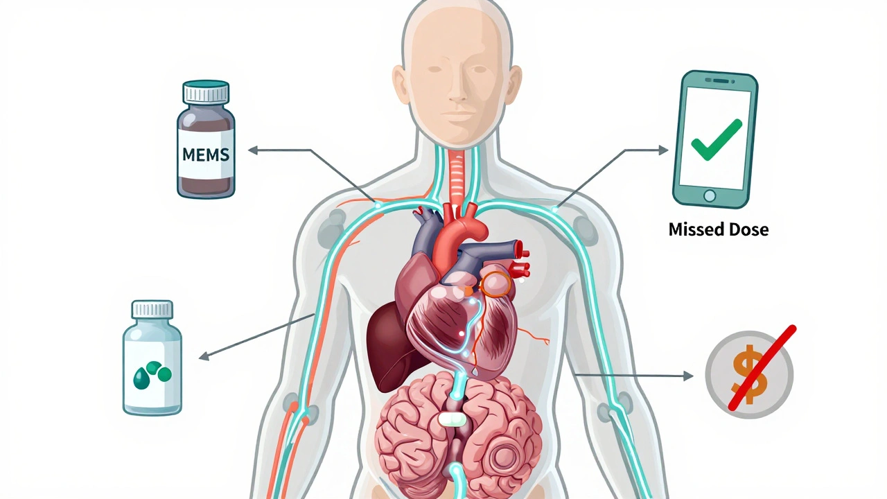 Transparent human body with medication pathways and adherence measurement tools floating nearby.