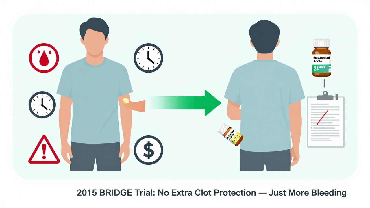 Two patient pathways: one with injections and warnings, the other with a simple pill pause and green arrow to surgery.