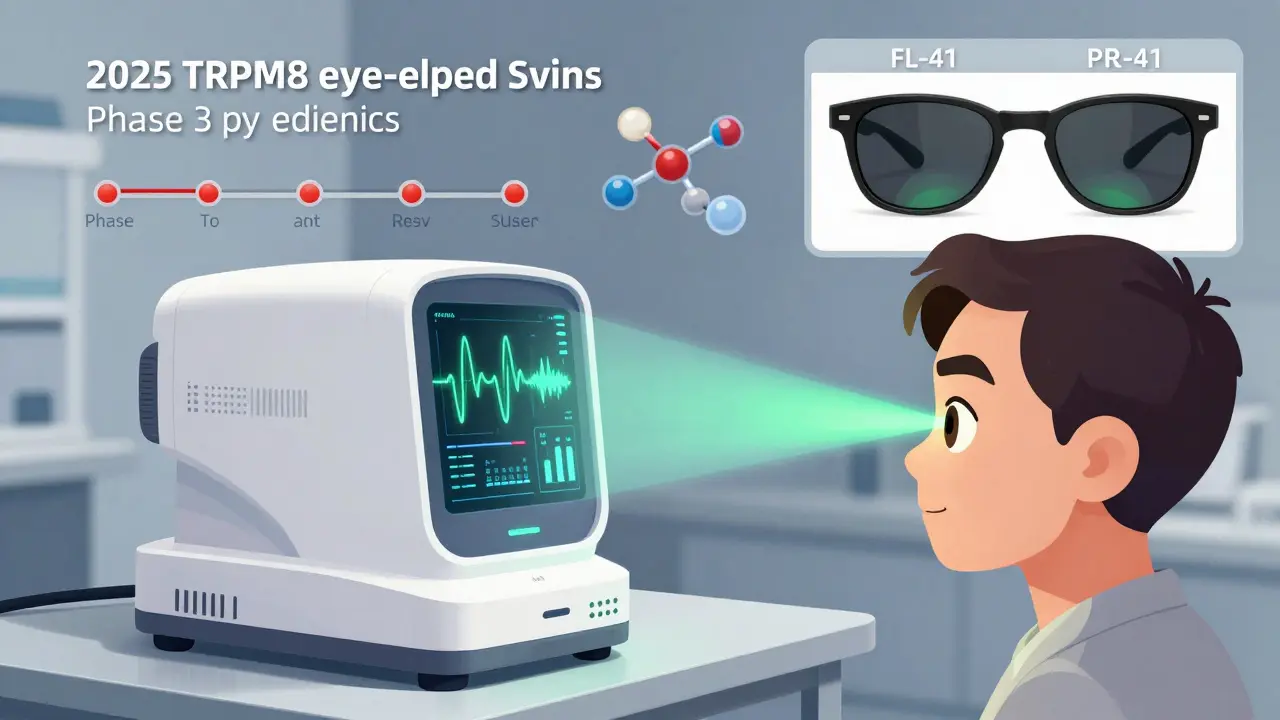 A medical device measuring eye light sensitivity with neural data display and future treatment timeline.