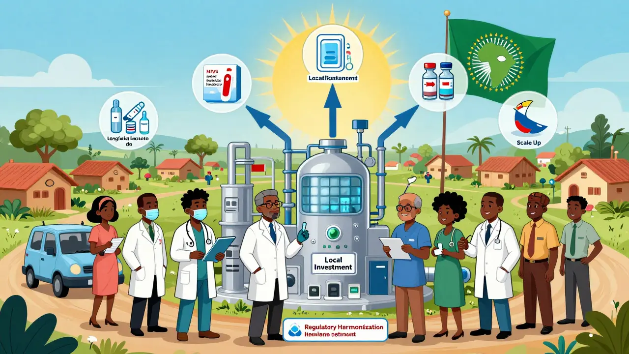 African health ecosystem showing medicine production flowing to villages with key innovations highlighted.