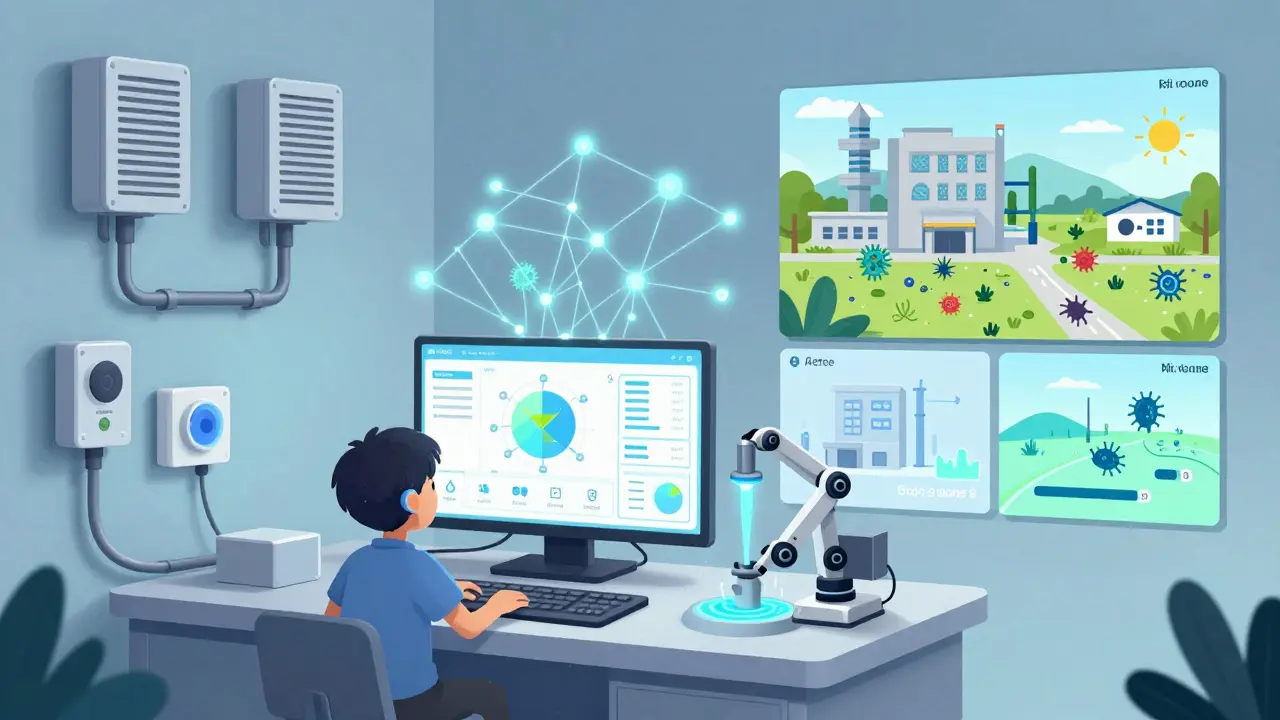 AI monitoring system with sensors streaming real-time data and predicting contamination risks in a manufacturing environment.