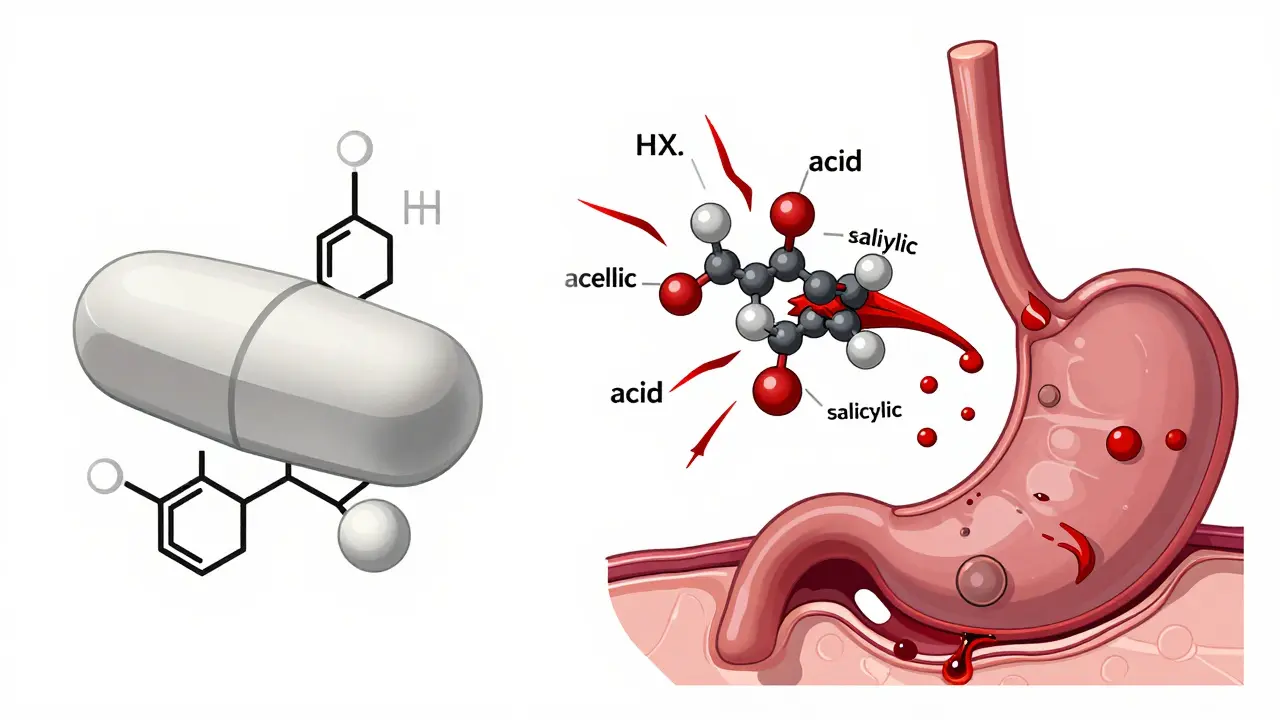 Aspirin tablet breaking down into toxic chemicals, with molecular structures and irritated stomach lining illustrated in technical detail.