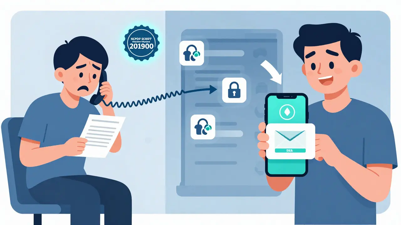 Before and after: manual phone wait vs. instant digital prescription transfer on a phone.
