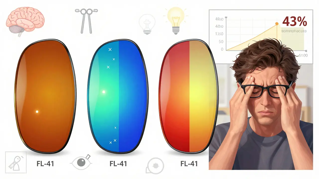 Comparison of lens tints with FL-41 blocking harmful blue-green light wavelengths.