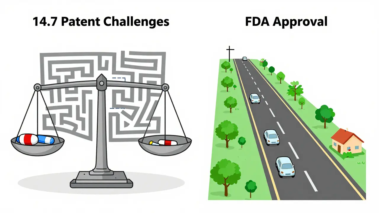 Contrasting pathways: patent barriers blocking biosimilars vs. clear FDA-approved route to affordable patient care.