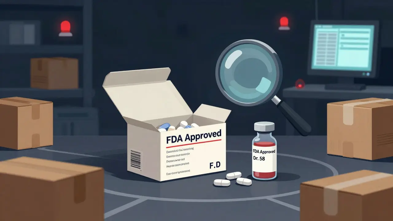 Counterfeit pills in unverified shipment next to authentic drugs, mismatched batch numbers under magnifying glass.