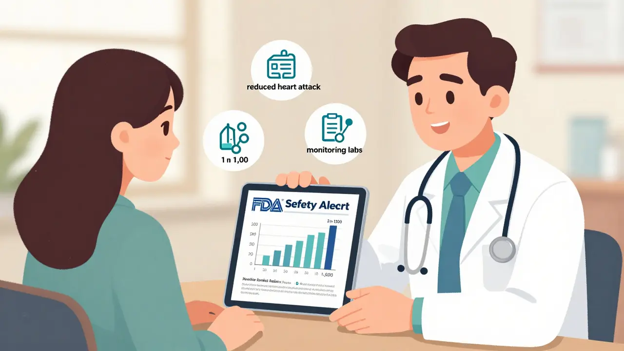 Doctor and patient reviewing an FDA alert with a transparent bar chart comparing risk levels