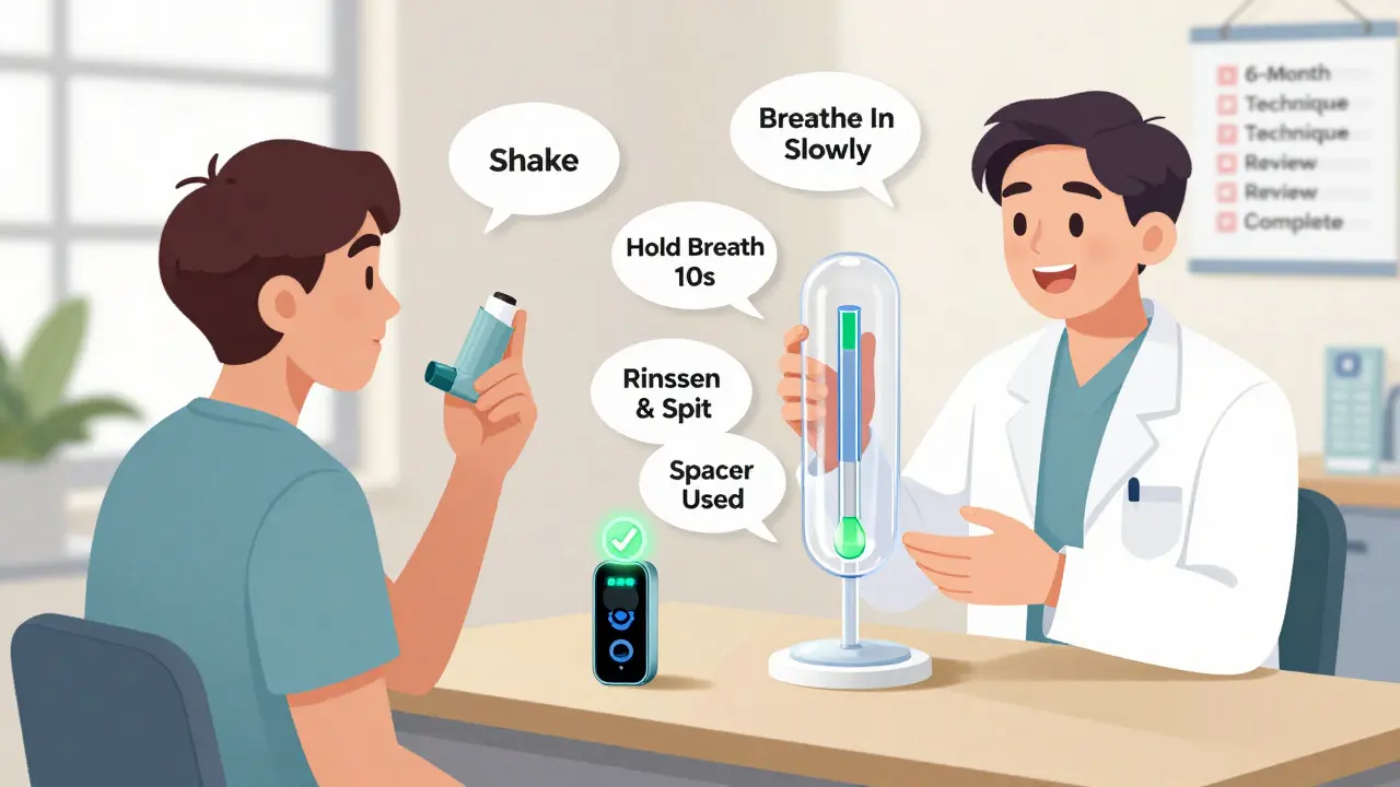 Doctor demonstrating correct inhaler technique using a transparent model, with educational callouts and smart inhaler device visible.