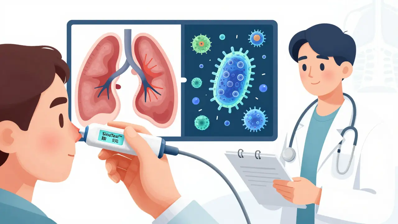 Doctor using SinuTest device to detect bacterial infection, with antibiotic resistance shown in background and patient tracking symptoms.
