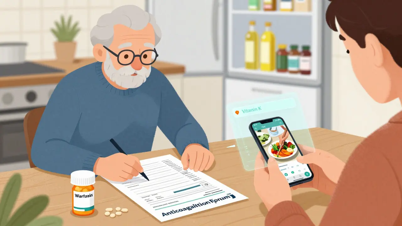 Elderly person using a paper food diary next to warfarin pills, while a younger person uses a meal-photo app with vitamin K estimation overlay.