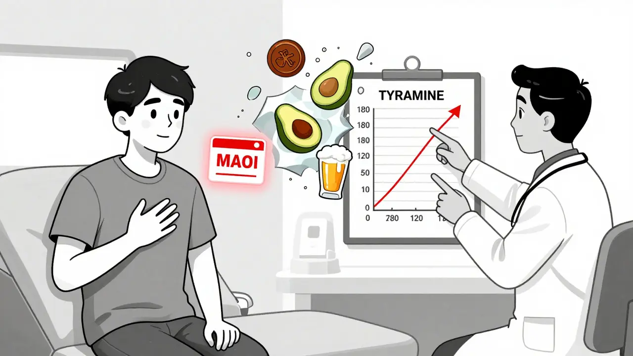 Emergency room scene with MAOI alert card and rising blood pressure chart, surrounded by shattered icons of high-tyramine foods.