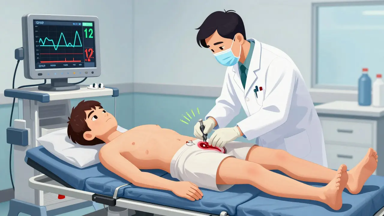 Emergency surgery to remove spinal hematoma with biomarker monitor and countdown timer indicating critical time window.