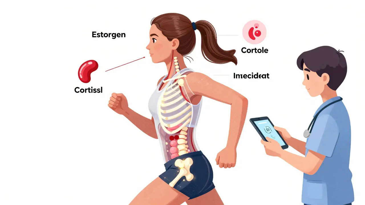 Female runner with internal systems showing low bone density, low energy intake, and hormonal imbalance.