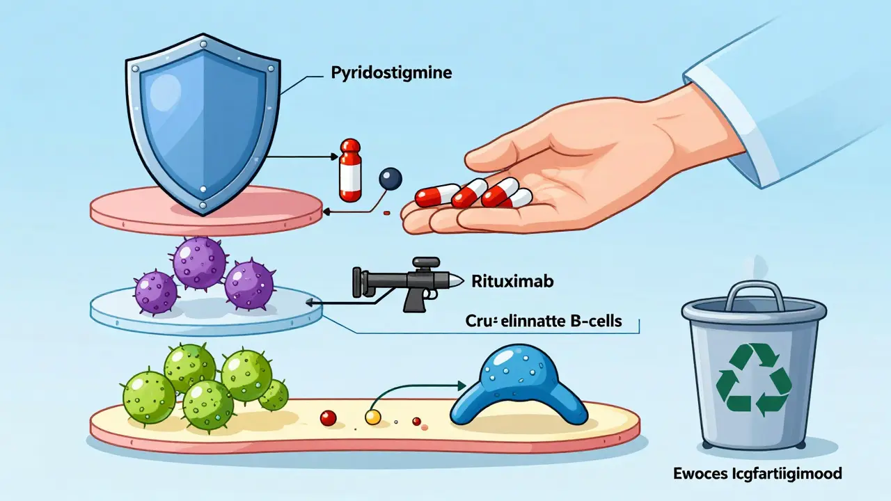 Illustration showing layered immunotherapy treatments targeting different aspects of myasthenia gravis.