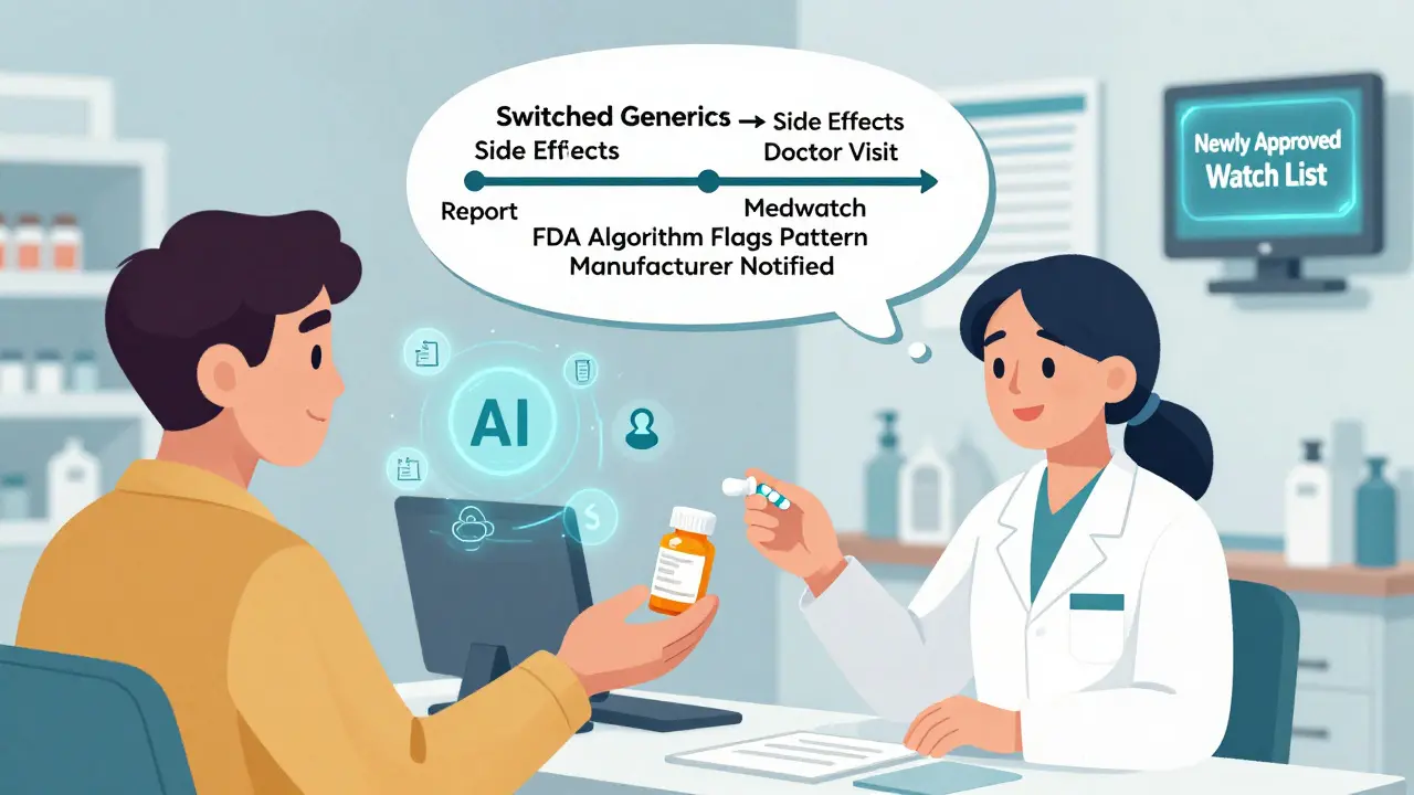 Patient and pharmacist exchanging a pill bottle with a visual timeline of how a safety report reaches the FDA.