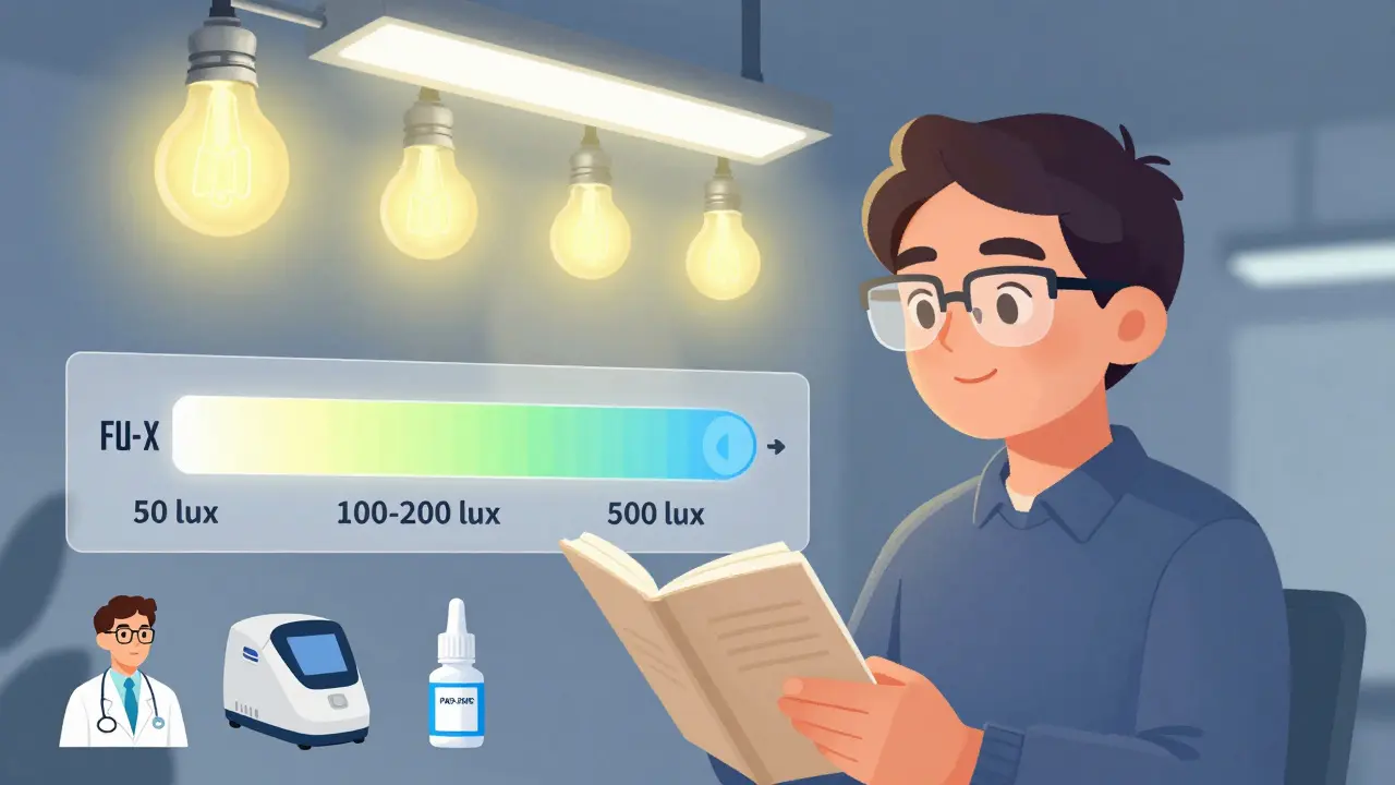 Person managing photophobia with adjusted lighting, FL-41 glasses, and a symptom journal.