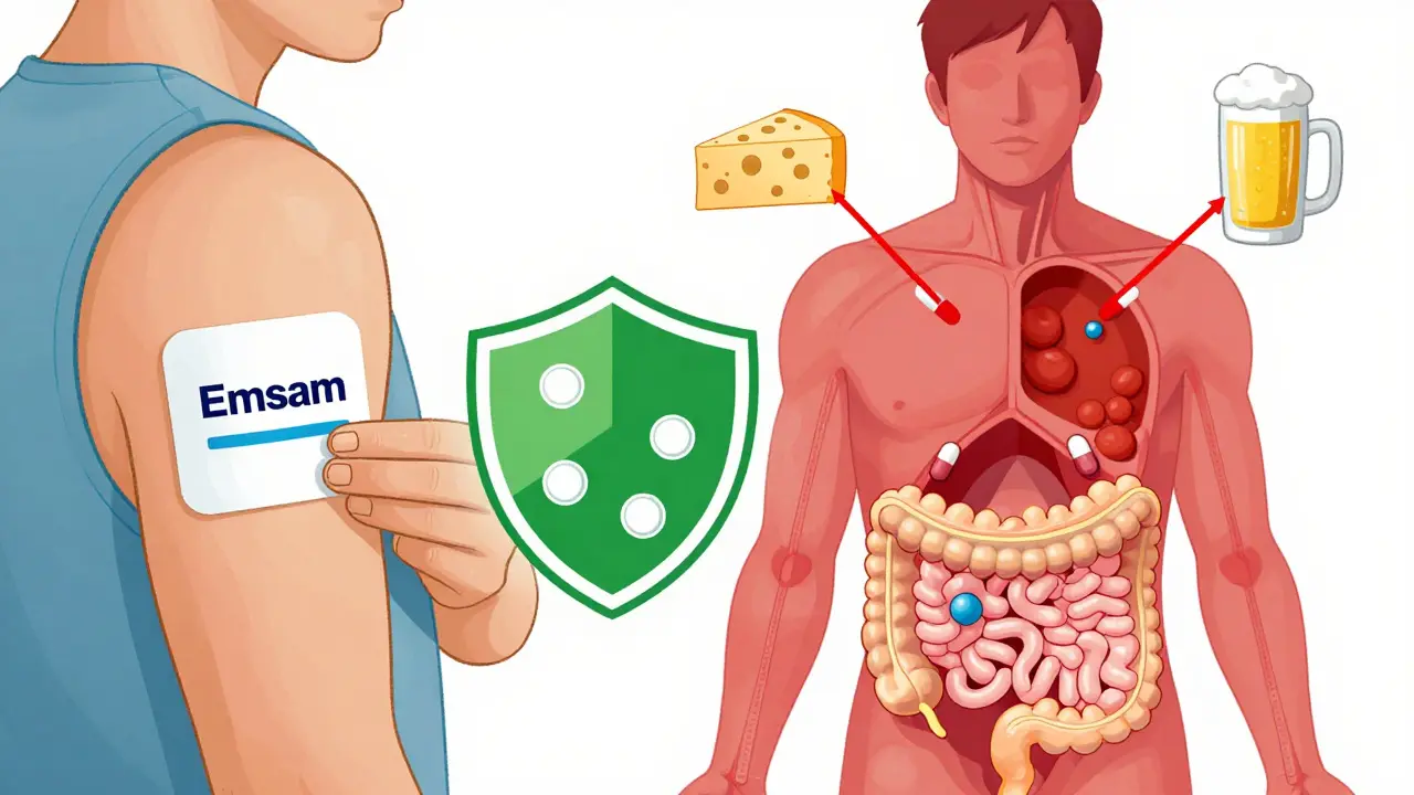 Person wearing an Emsam patch with protective shield blocking tyramine, contrasted with a restricted diet figure surrounded by dangerous foods.