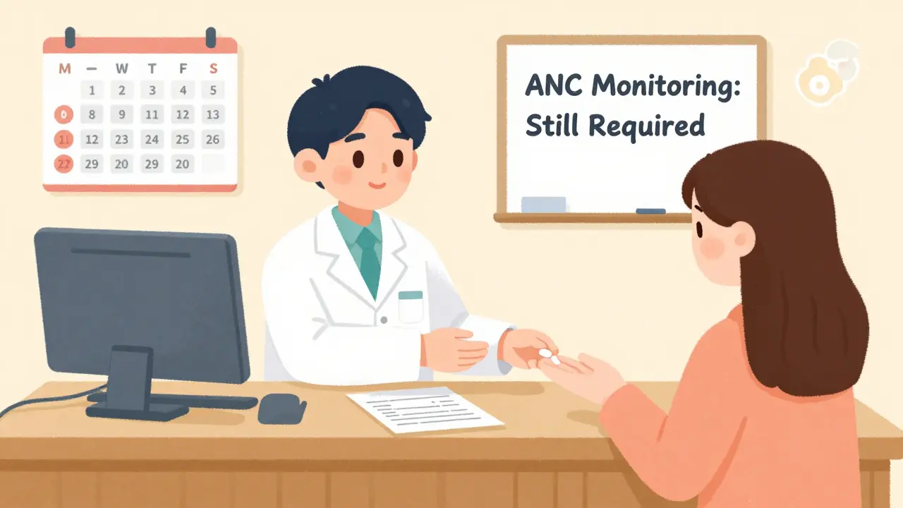 Pharmacist dispensing clozapine to patient using printed lab results, no federal portal in sight.