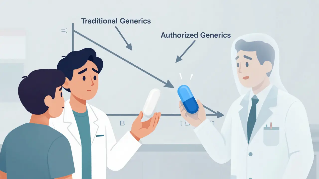 Pharmacist giving two different-looking generic pills to patient, with ghost image of original brand pill above.