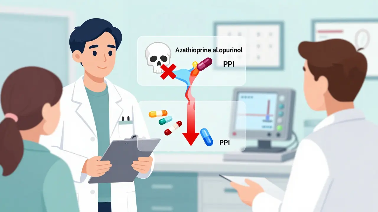 Pharmacist illustrating dangerous drug interactions between immunosuppressants and common medications like allopurinol and PPIs.