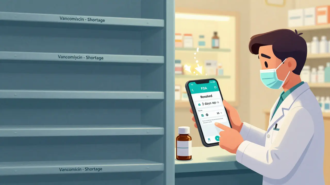 Pharmacist scanning pill bottle with app showing resolved shortage status beside empty shelf.