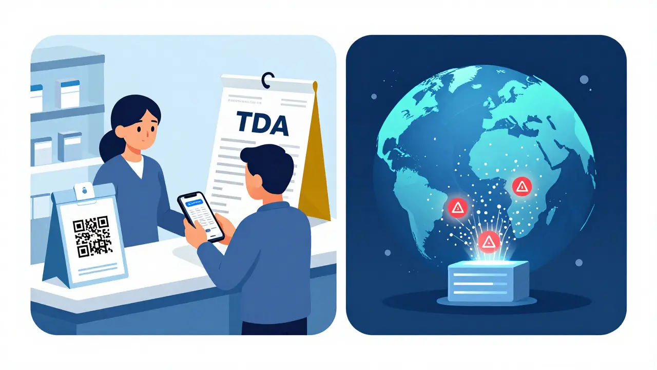 Pharmacy customer scanning QR code to report a drug reaction, with data flowing to FDA system.