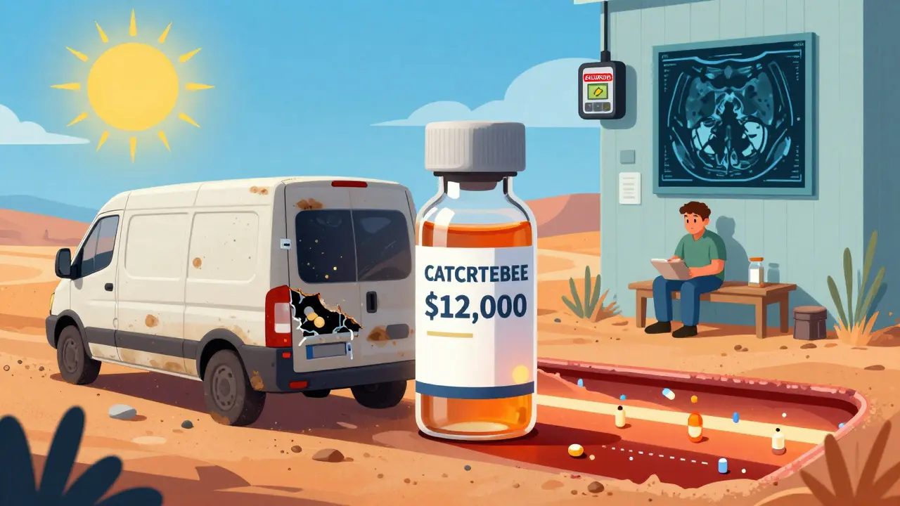 Rural delivery van with broken cooling unit, warming cancer therapy vial, patient with MRI scan in background.