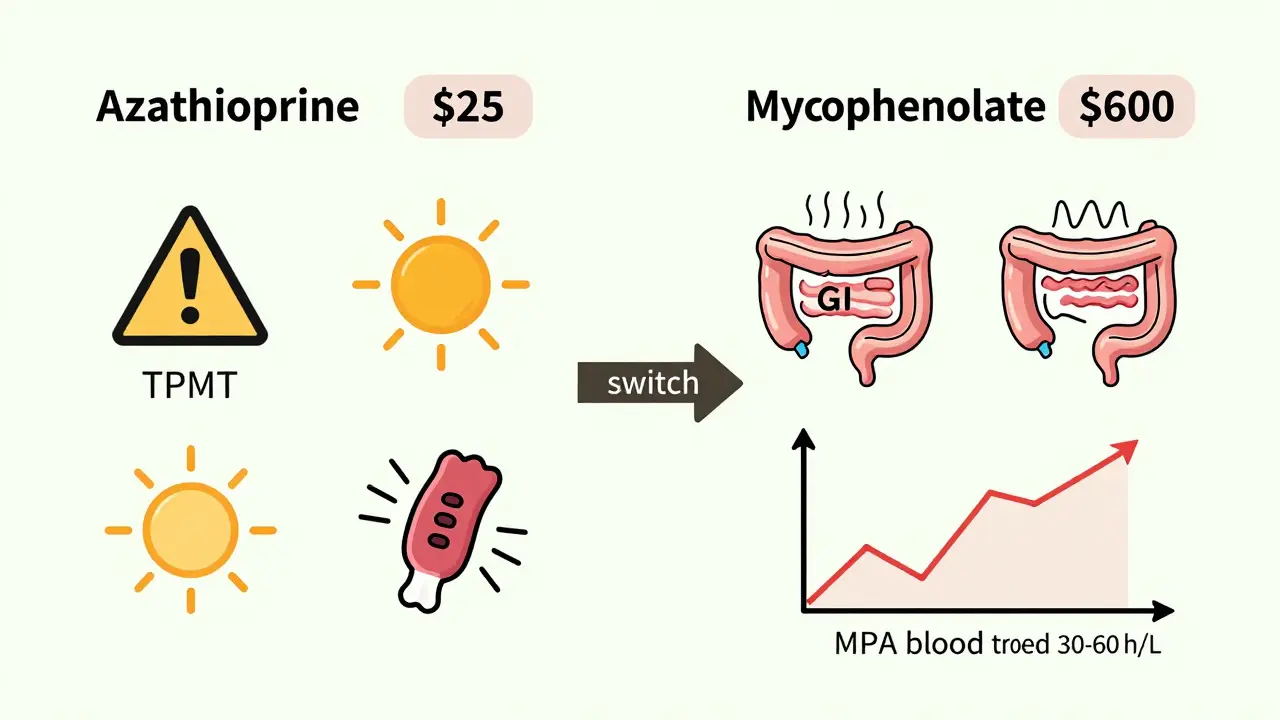 Side-by-side comparison of azathioprine and mycophenolate showing cost, side effects, and monitoring requirements.