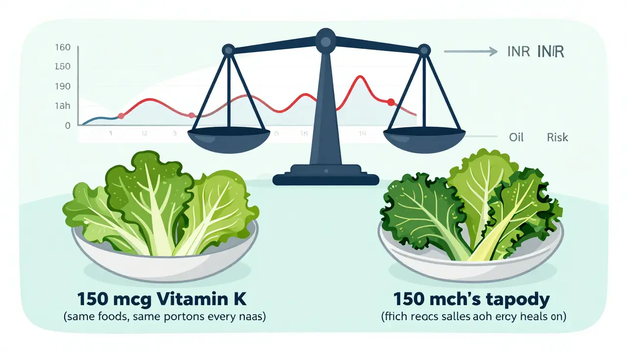 Side-by-side comparison of consistent vs. erratic vitamin K intake with corresponding stable and fluctuating INR levels.