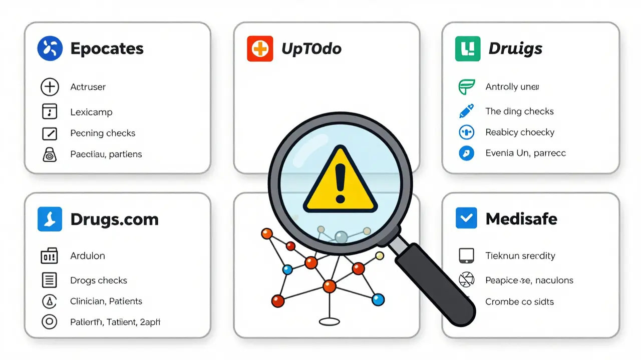 Side-by-side comparison of five pharmacy apps with key features labeled, centered on a warning icon over interconnected drug symbols.
