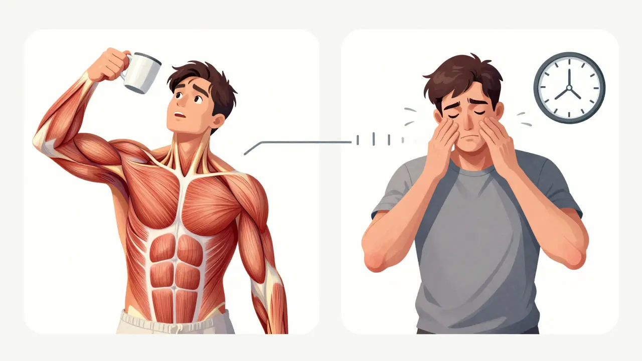 Side-by-side comparison of normal muscle function versus fatigable weakness in myasthenia gravis.