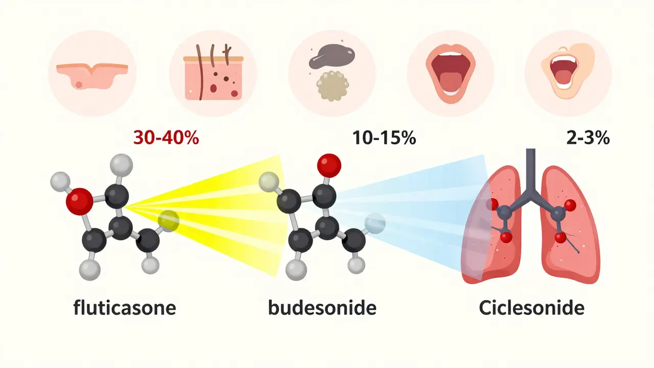Side-by-side comparison of three asthma inhalers showing different absorption rates into bloodstream with visualized systemic leakage.