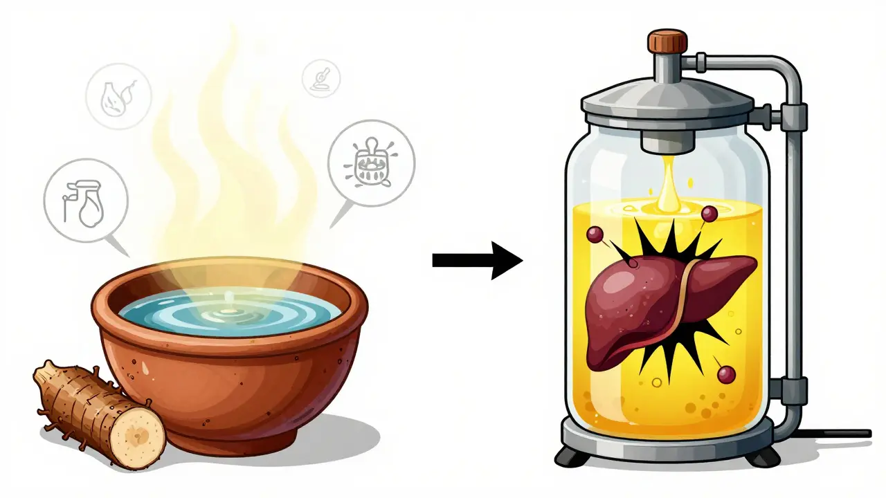 Side-by-side comparison of traditional water-based kava extraction versus toxic solvent-based extraction damaging liver cells.