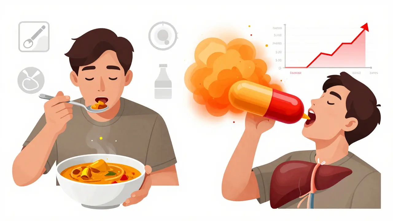 Side-by-side comparison of turmeric in food versus dangerous supplement dosage effects