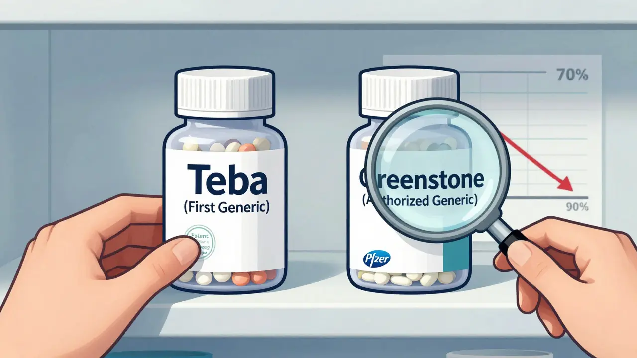 Side-by-side generic pills on a pharmacy shelf, one from a challenger, one from the brand, with identical contents but different labels.