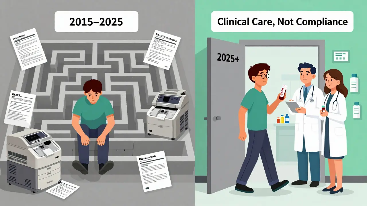 Split image: chaotic REMS paperwork maze vs. open path to care with blood test and medication.
