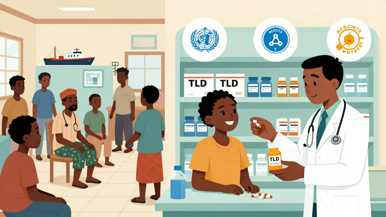 Split-panel comparison: imported HIV drugs vs. locally produced TLD pills in an African clinic.