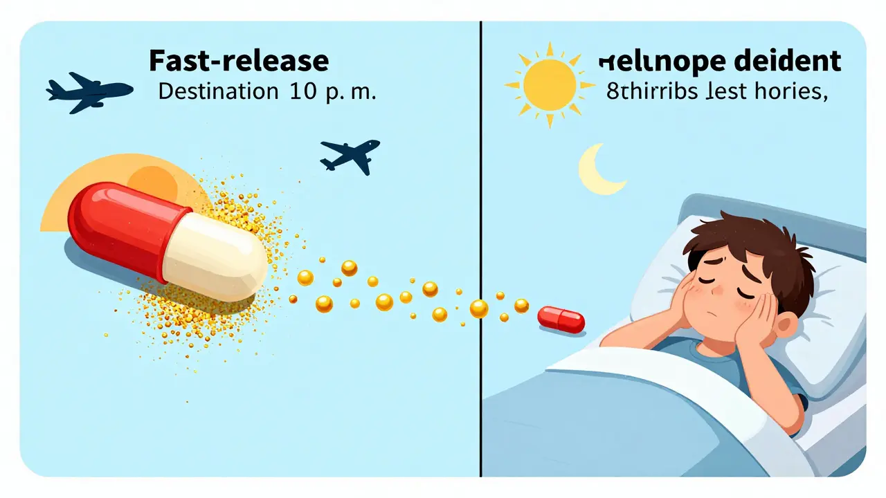 Split-panel comparison of fast-release vs slow-release melatonin tablets with timing and effects