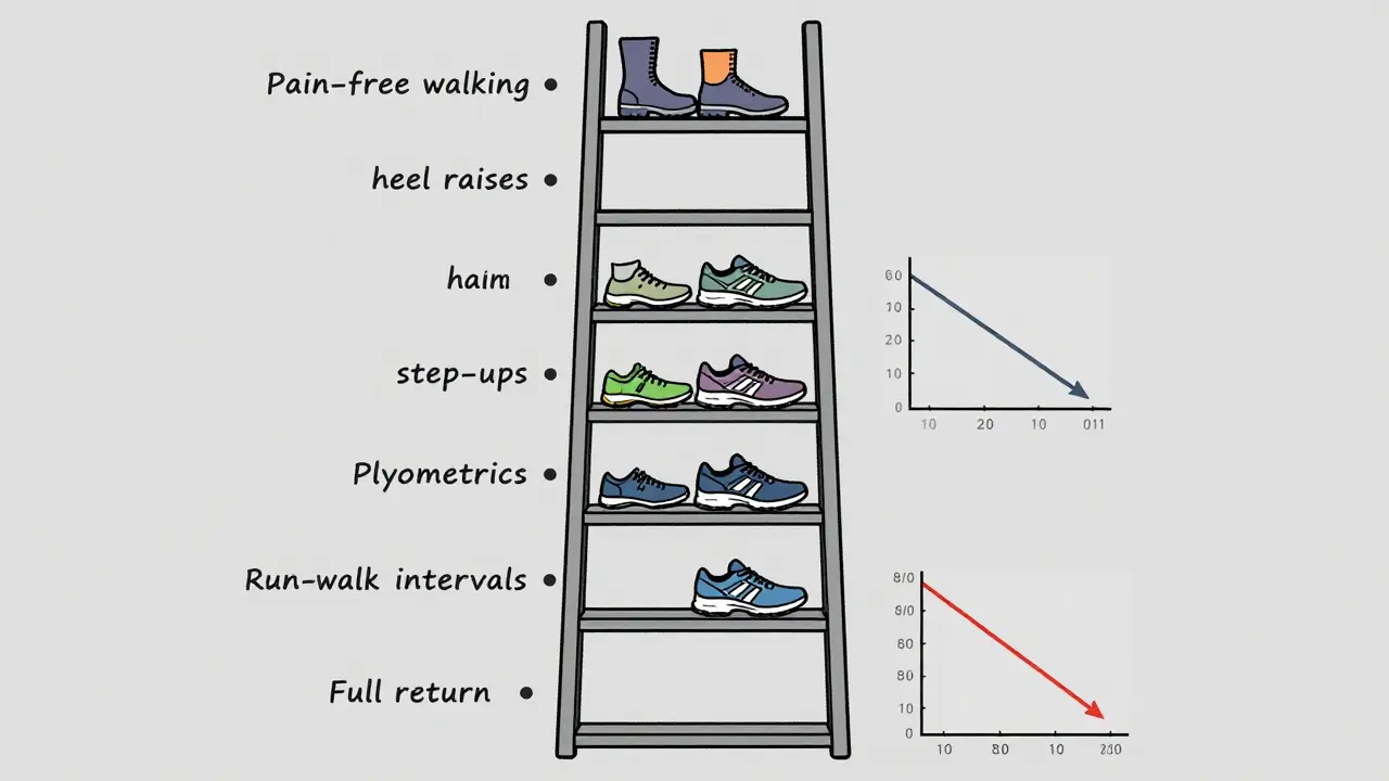 Step-by-step ladder showing the six-phase return-to-run protocol with pain levels and activities.