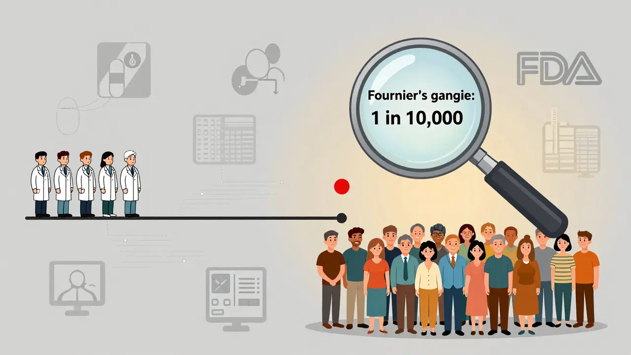 Timeline showing clinical trials transitioning to real-world use with a rare side effect magnified